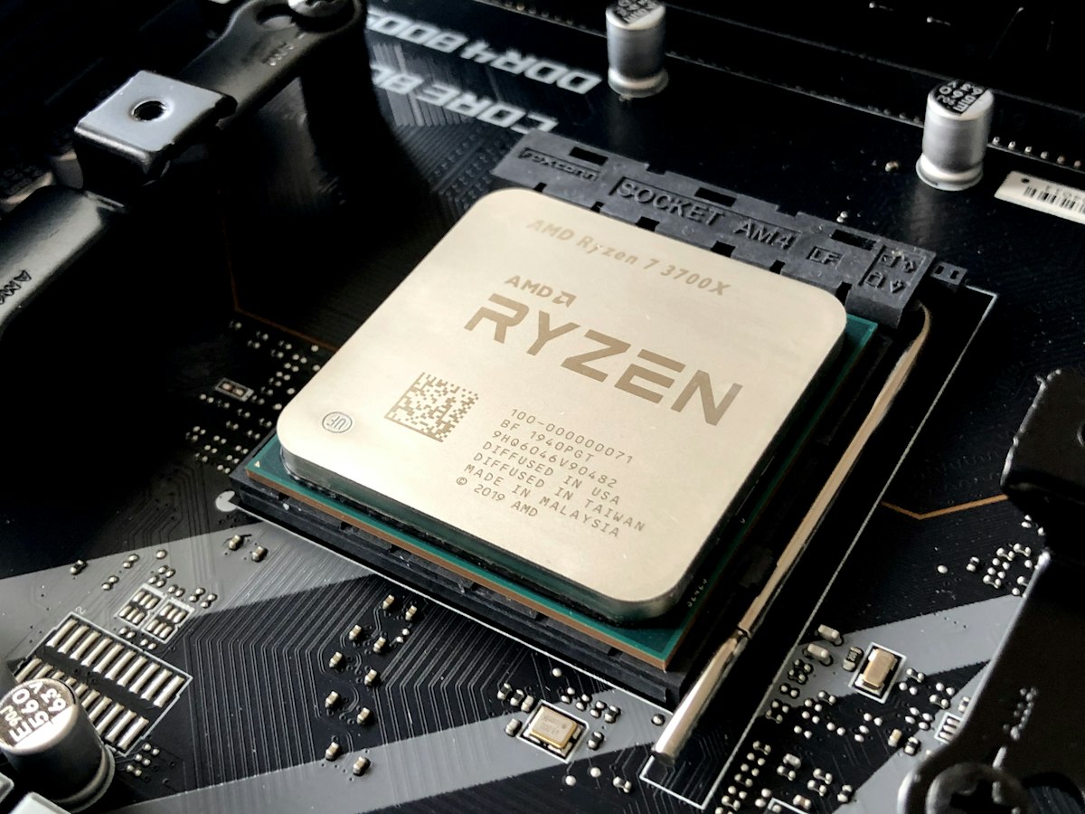 Close-up macro shot of modern CPU processor chip and electronics circuitry