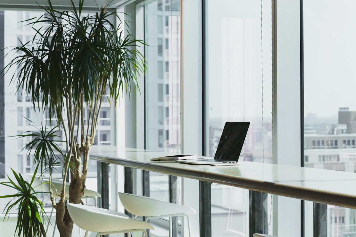 Modern bright travel workspace with charging stations and battery banks